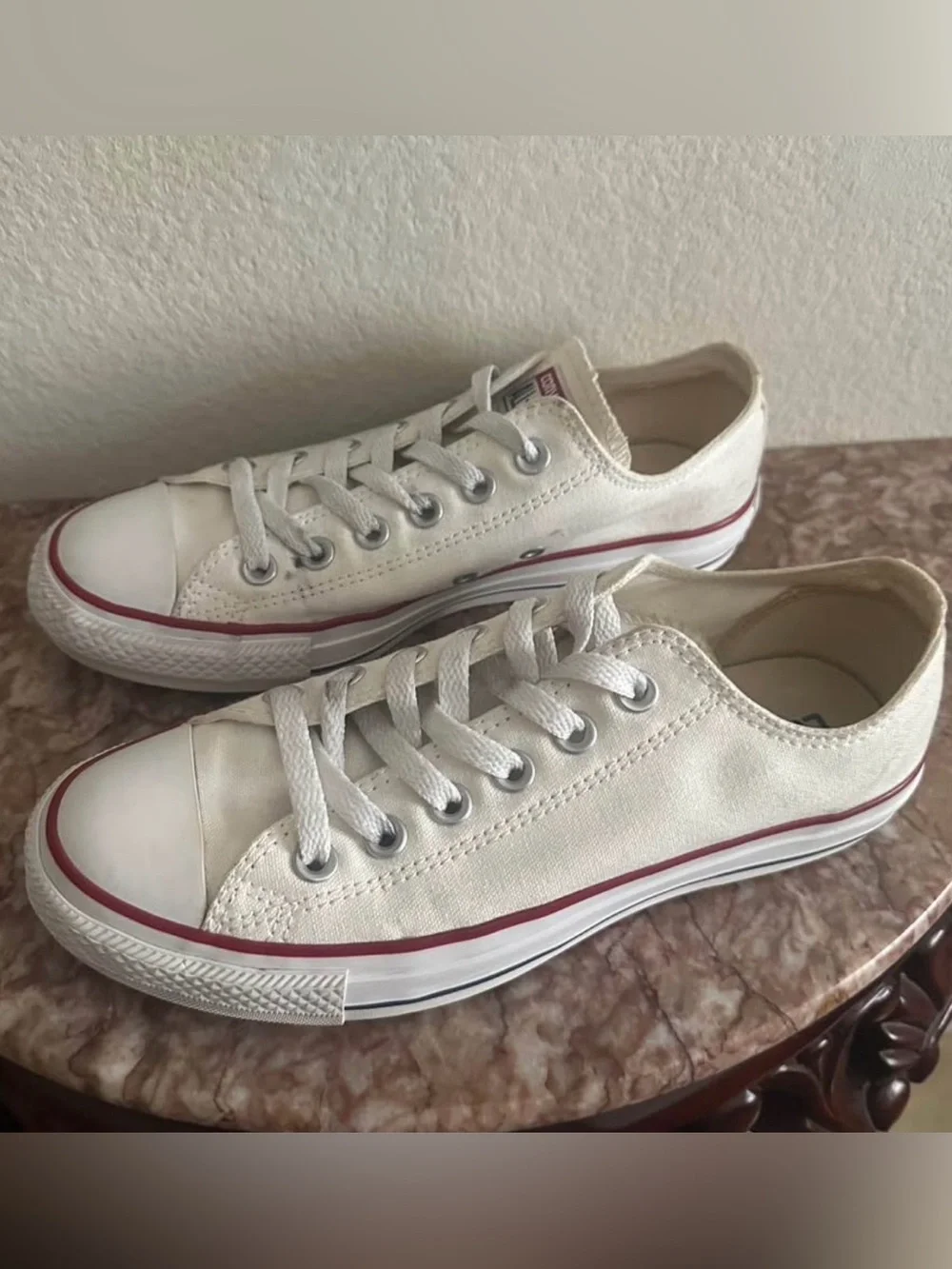 Converse White Low Top Canvas Sneakers with Red Trim